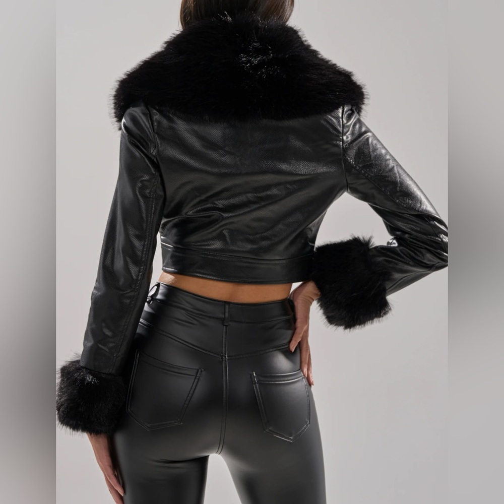 AKIRA Black Leather Jacket with Faux Fur Trim - Picture 3 of 4